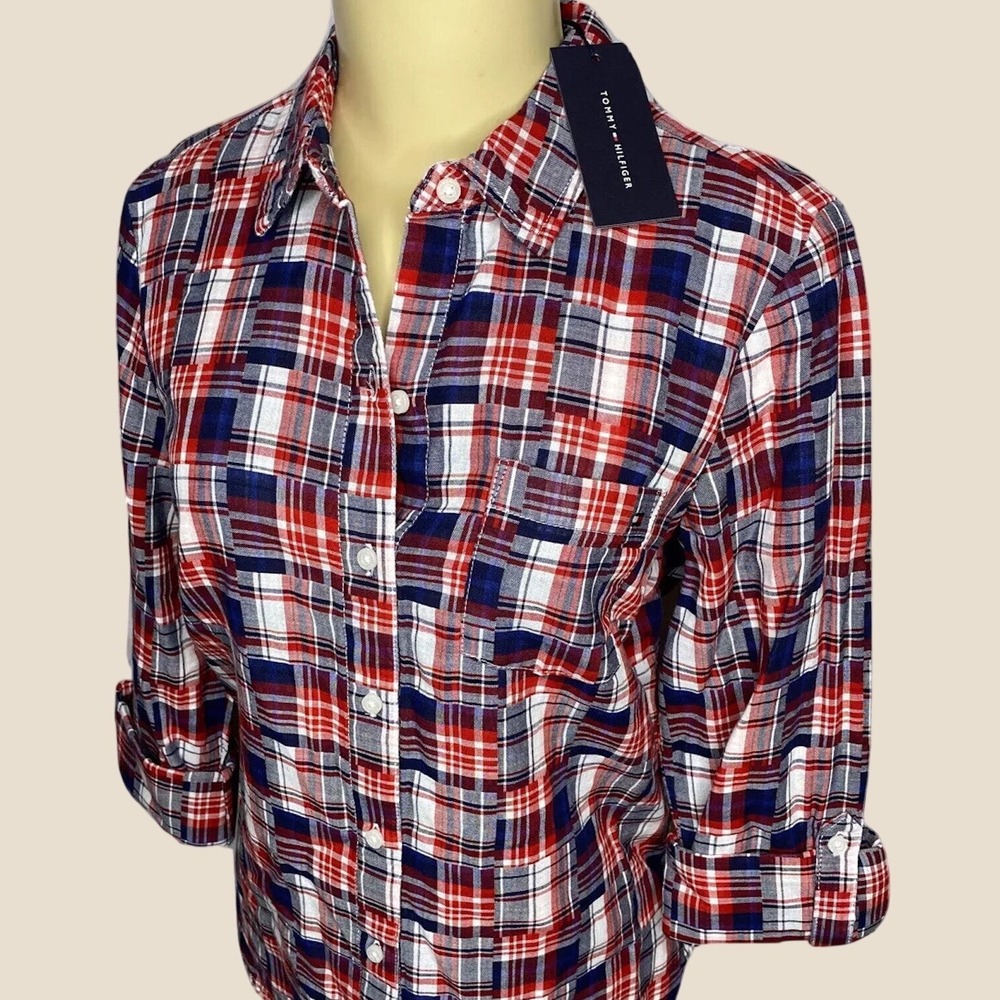 Tommy Hilfiger Heritage Patchwork Long Sleeve Button Front Shirt Womens XS NWT